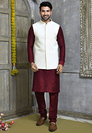 Chikankari Cotton Silk Kurta Set in Maroon and Off White