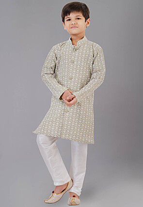 Chikankari Cotton Silk Sherwani in Beige