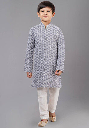 Chikankari Cotton Silk Sherwani in Grey
