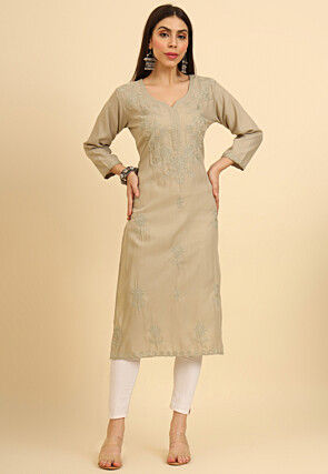 Chikankari Cotton Straight Kurta in Beige