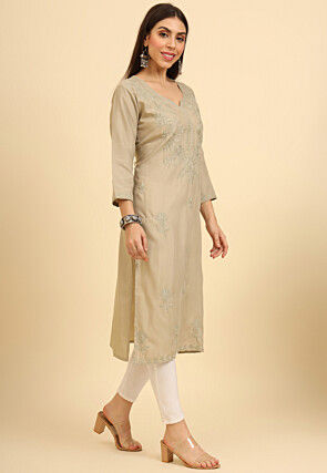 Chikankari Cotton Straight Kurta in Beige