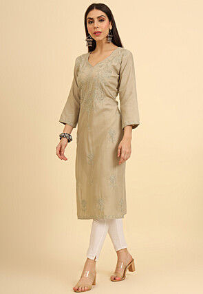 Chikankari Cotton Straight Kurta in Beige