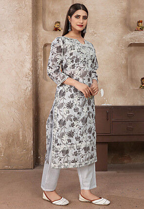 Chikankari Cotton Straight Kurta Set in Grey