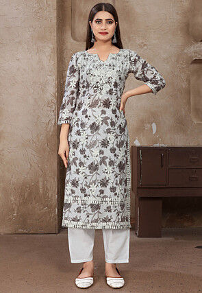 Chikankari Cotton Straight Kurta Set in Grey