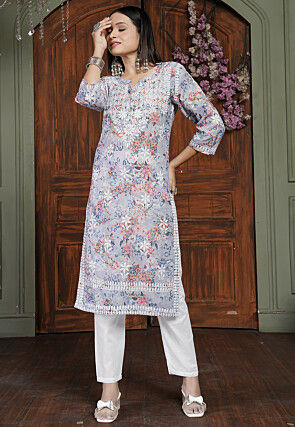 Chikankari Cotton Straight Kurta Set in Light Grey