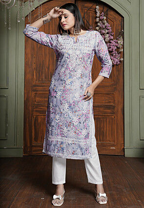 Chikankari Cotton Straight Kurta Set in Light Purple