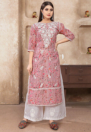 Chikankari Cotton Straight Kurta Set in Old Rose