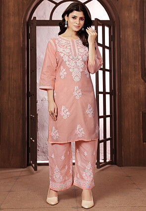 Chikankari Cotton Straight Kurta Set in Peach