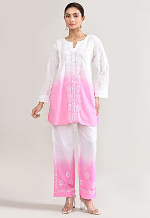 Chikankari Cotton Straight Kurta Set in Pink and White