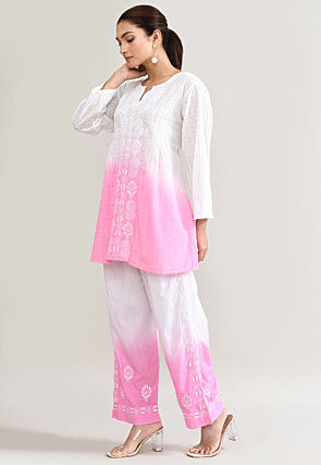 Chikankari Cotton Straight Kurta Set in Pink and White