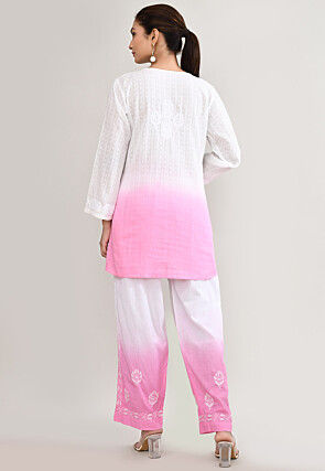 Chikankari Cotton Straight Kurta Set in Pink and White