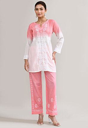 Chikankari Cotton Straight Kurta Set in Pink and White