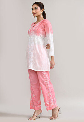 Chikankari Cotton Straight Kurta Set in Pink and White
