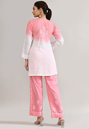 Chikankari Cotton Straight Kurta Set in Pink and White