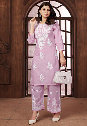 Chikankari Cotton Straight Kurta Set in Purple