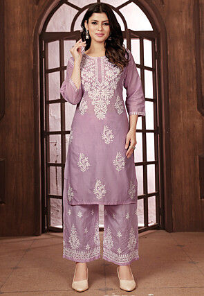 Chikankari Cotton Straight Kurta Set in Purple