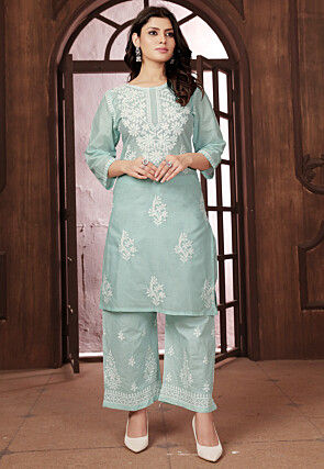 Chikankari Cotton Straight Kurta Set in Sea Green