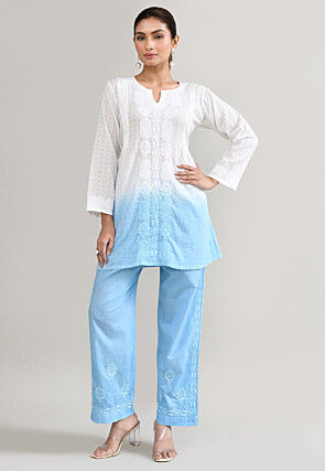 Chikankari Cotton Straight Kurta Set in Sky Blue and White