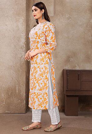 Chikankari Cotton Straight Kurta Set in White and Orange