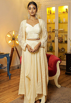 Chikankari Crepe Crop Top Set in Cream