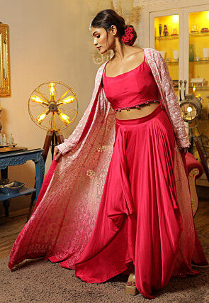 Chikankari Crepe Crop Top Set in Fuchsia