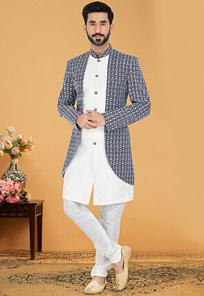 Chikankari Dupion Silk Jacket Style Sherwani in White and Blue