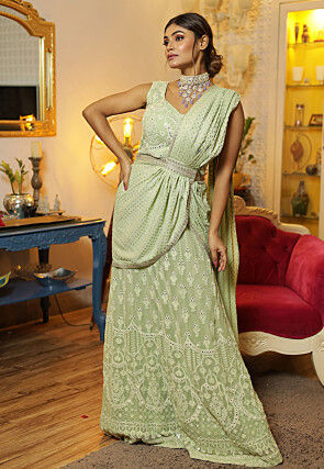 Prestitched Chikankari Viscose Georgette Saree in Light Green