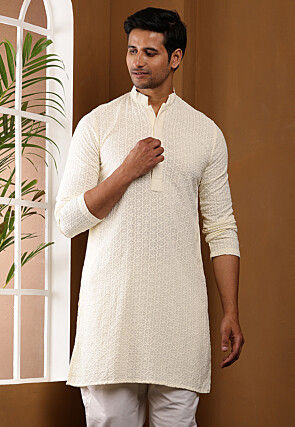 Chikankari Embroidered Viscose Rayon Kurta in Cream