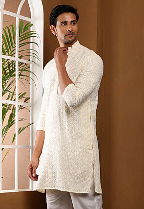 Chikankari Embroidered Viscose Rayon Kurta in Cream
