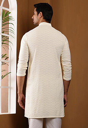 Chikankari Embroidered Viscose Rayon Kurta in Cream