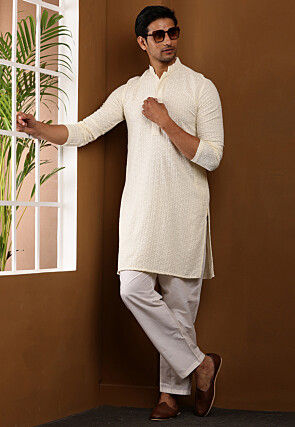 Chikankari Embroidered Viscose Rayon Kurta in Cream