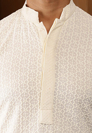 Chikankari Embroidered Viscose Rayon Kurta in Cream