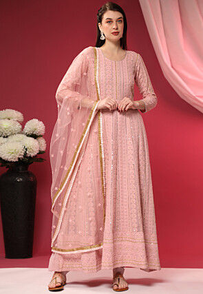 Chikankari Georgette Abaya Style Suit in Pink