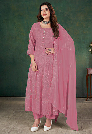 Chikankari Georgette Anarkali Suit in Old Rose