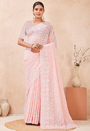 Chikankari Georgette Scalloped Saree in Baby Pink