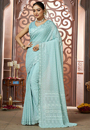 Chikankari Georgette Scalloped Saree in Light Blue