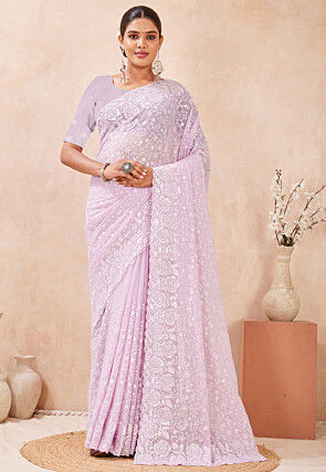 Chikankari Georgette Scalloped Saree in Light Purple