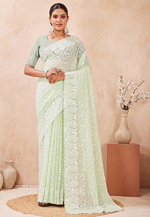Chikankari Georgette Scalloped Saree in Light Sea Green