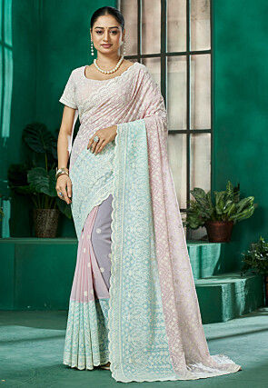 Chikankari Georgette Scalloped Saree in Pink and Sea Green