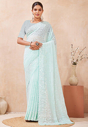 Chikankari Georgette Scalloped Saree in Sky Blue