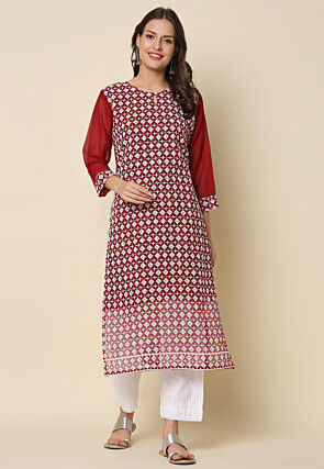 Chikankari Georgette Straight Kurta in Maroon