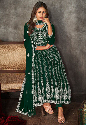 Chikankari Net Anarkali Suit in Dark Green