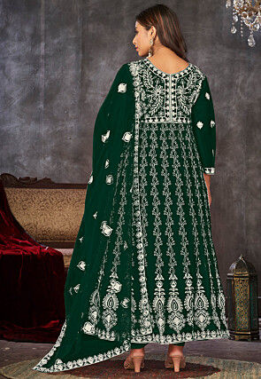Chikankari Net Anarkali Suit in Dark Green