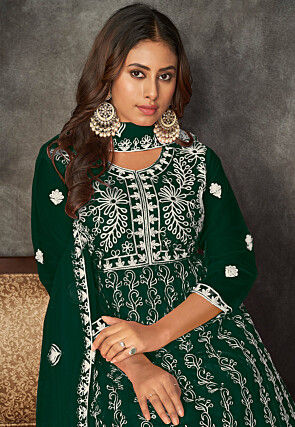 Chikankari Net Anarkali Suit in Dark Green