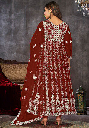 Chikankari Net Anarkali Suit in Maroon