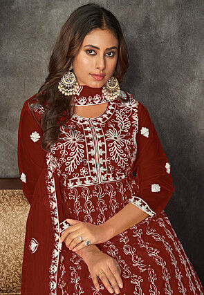 Chikankari Net Anarkali Suit in Maroon