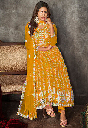 Chikankari Net Anarkali Suit in Mustard