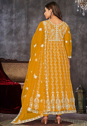 Chikankari Net Anarkali Suit in Mustard