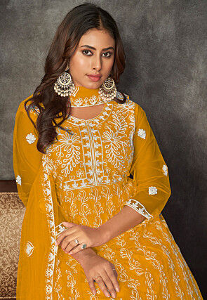 Chikankari Net Anarkali Suit in Mustard