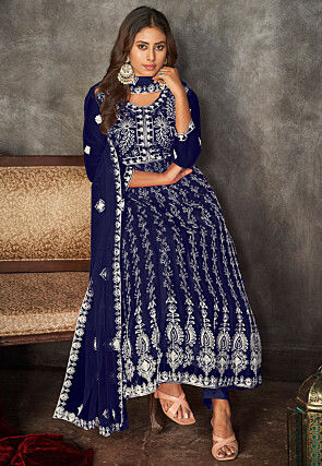 Chikankari Net Anarkali Suit in Navy Blue